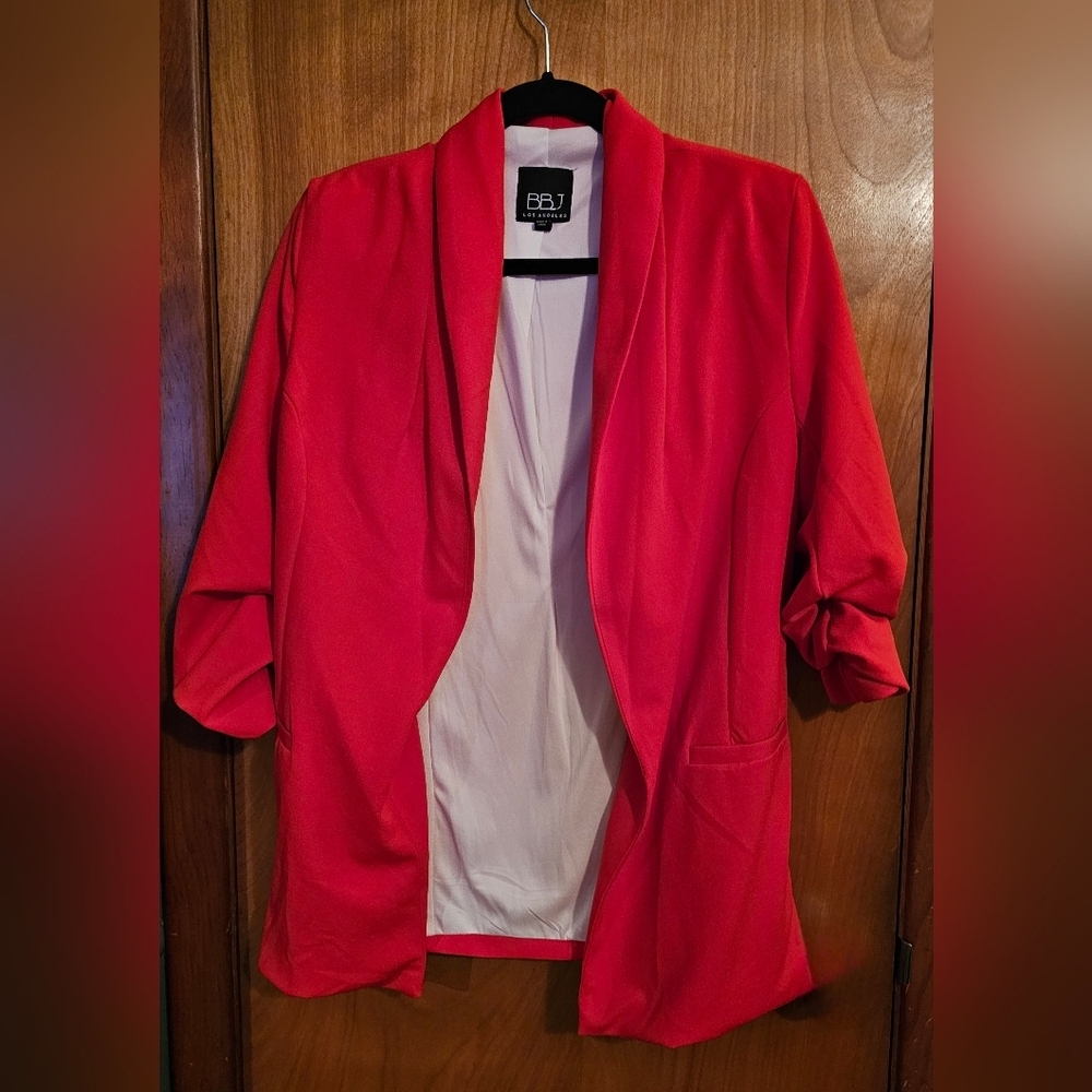 BBJ Los Angeles Red Open Front Ruched Sleeve Blazer - Size Mediun